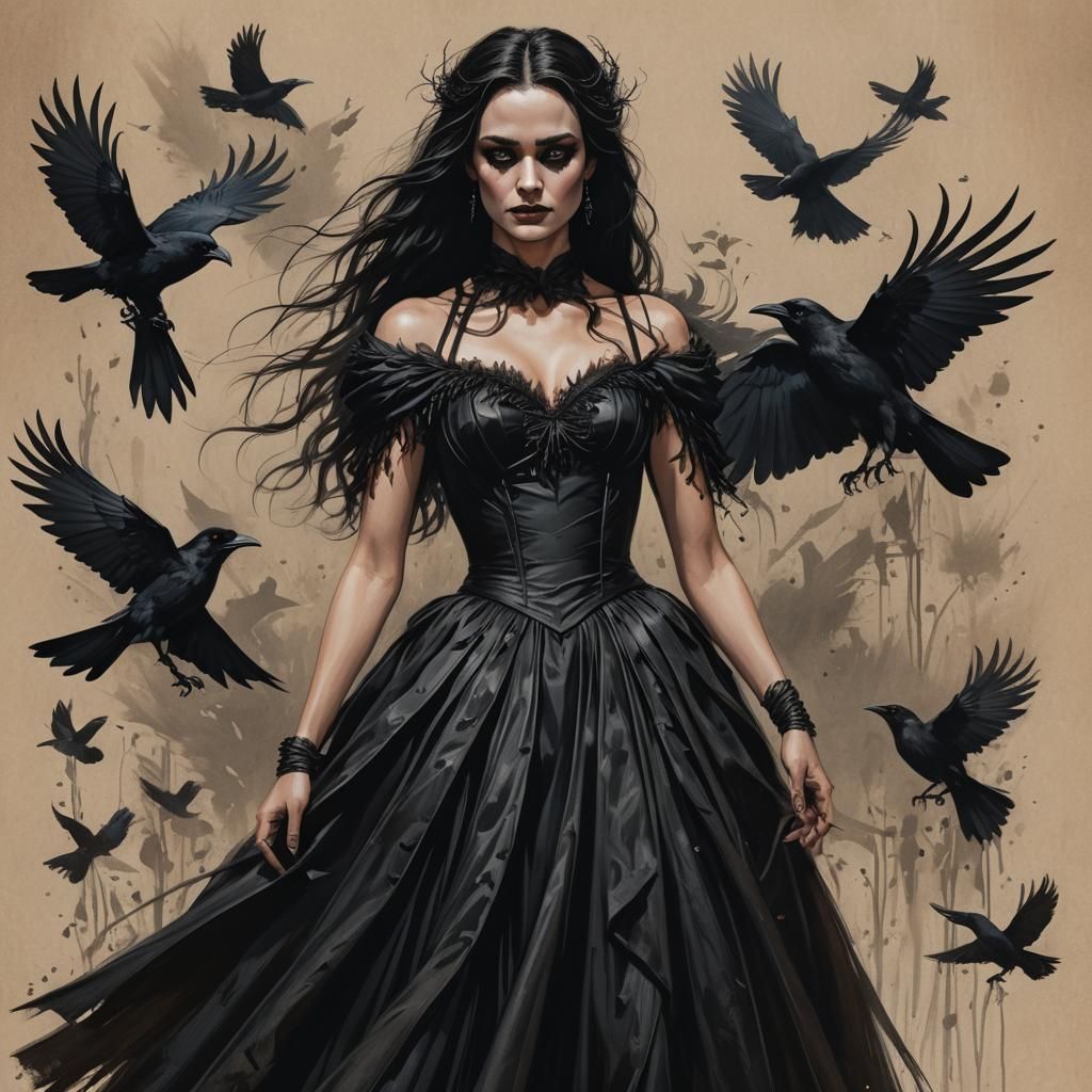 Elegant Crow in Shimmering Gown: Dark Fantasy Portrait