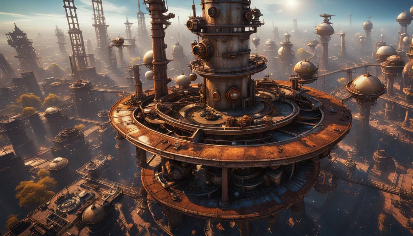 Steampunk Planet Cityscape with Rusty Cogs and Lights