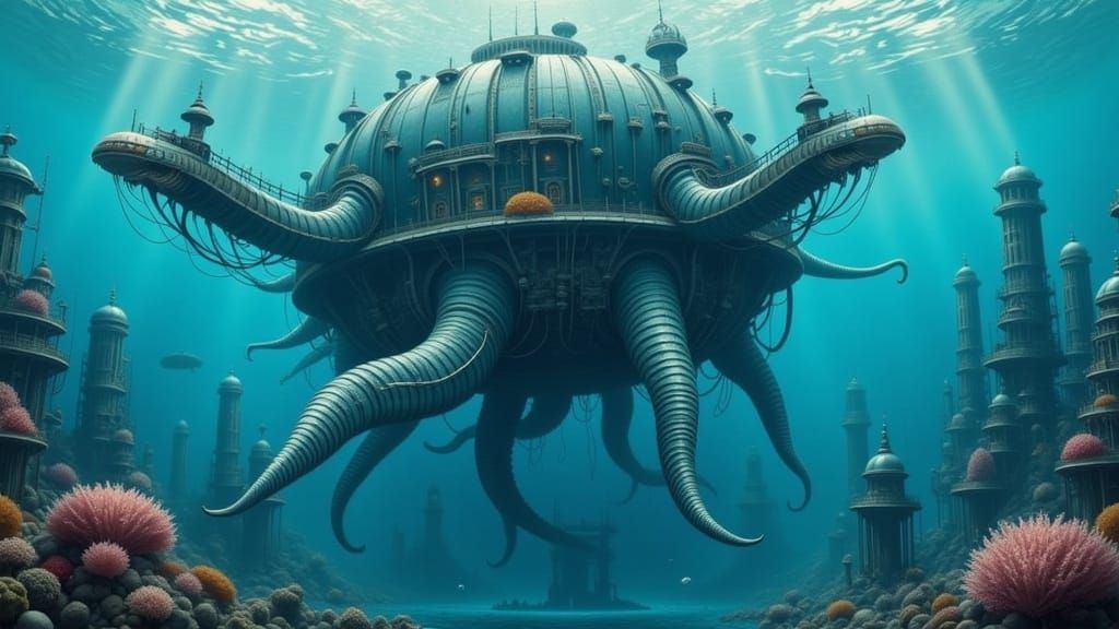 Vast Underwater Arcology in a Dark, Moody Oil Painting