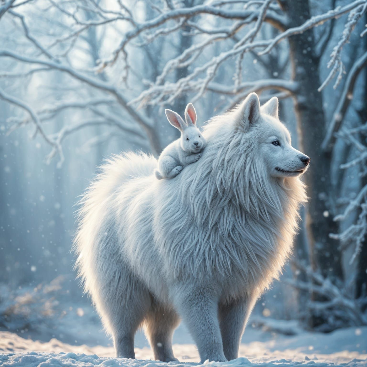 Samoyed and Bunny in Winter Wonderland Painting