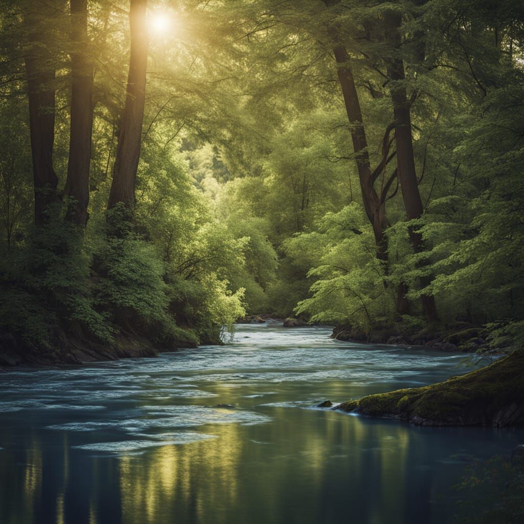 Dreamy Blue River Landscape in a Serene Forest