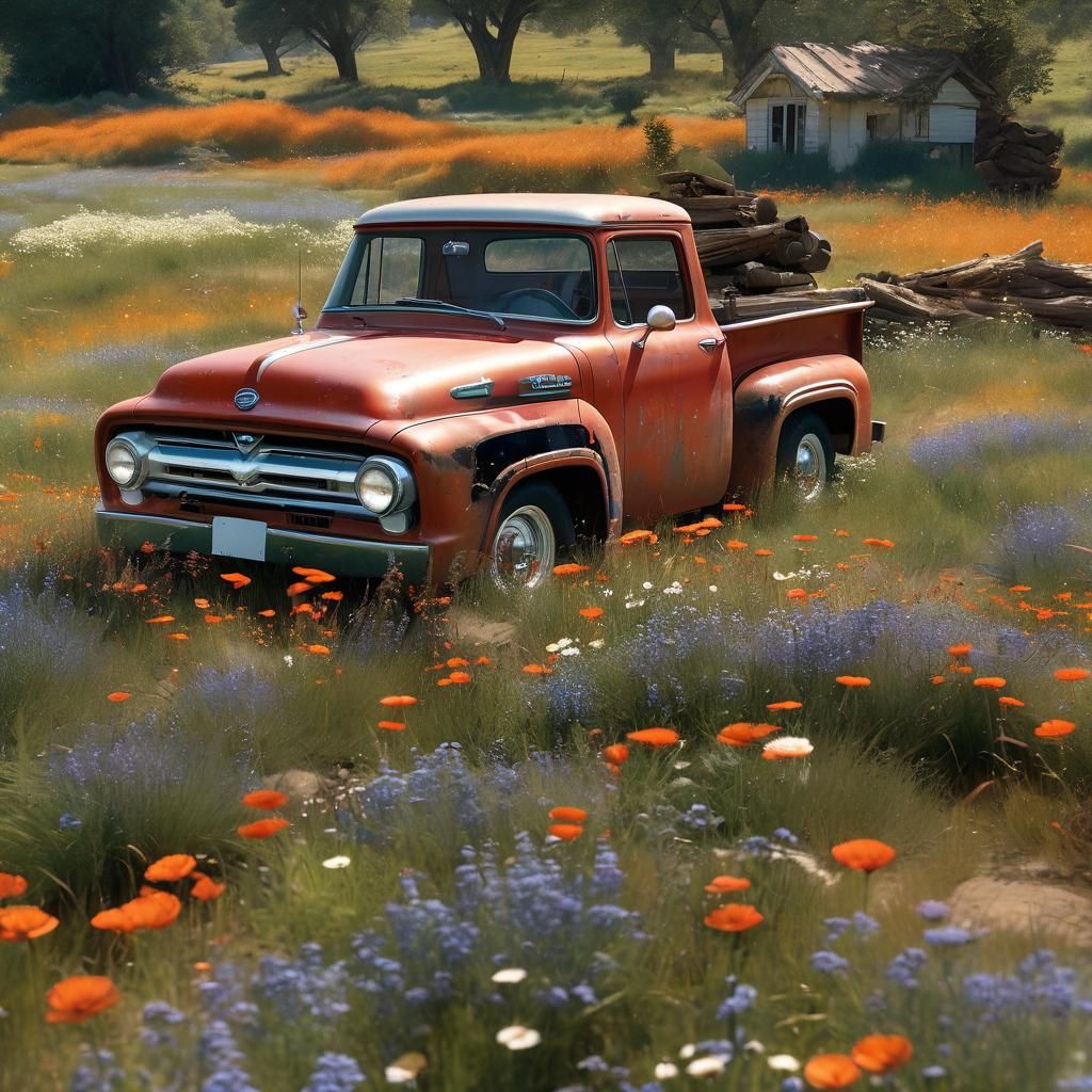 Red Ford Truck in Grassy Field: Digital Concept Art