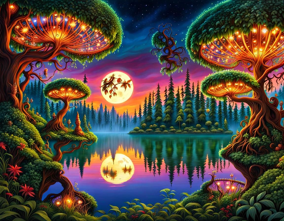 Fantasy Forest Theme Park Under Moonlight