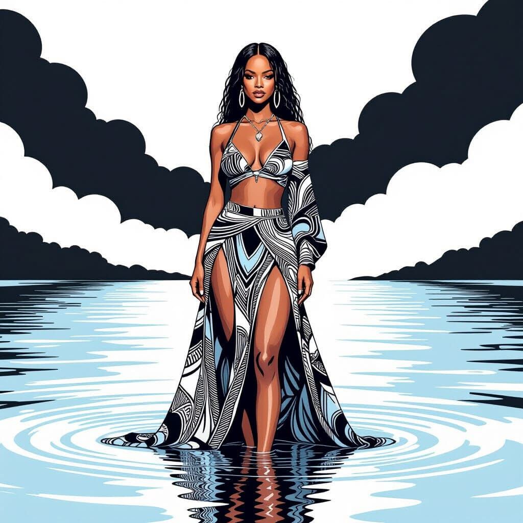 Rihanna in Flowing Outfit on Barbados Beach