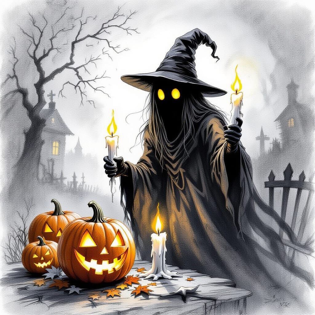 Ghostly Candles in Hyperdetailed Charcoal Drawing