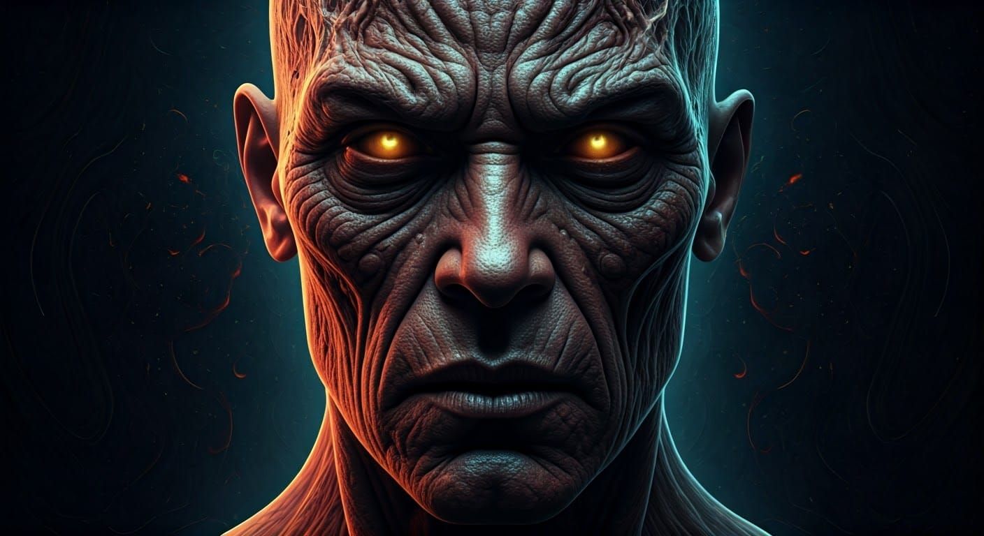 Grotesque, Glowing Human Face in a Haunting, Surreal Scene