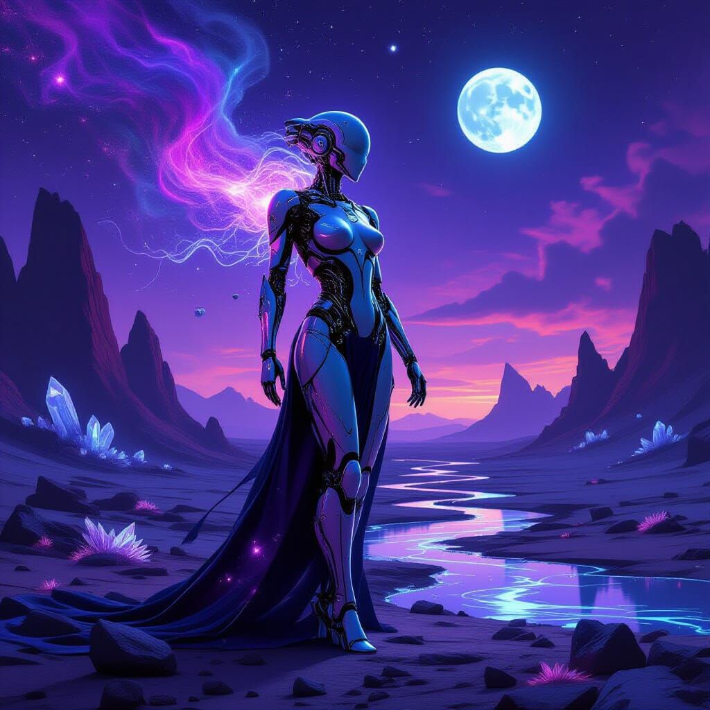 Ethereal Cyborg Woman in Cosmic Landscape