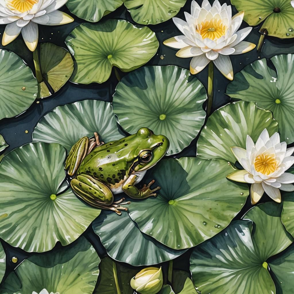 Frog on Lily Pad in Watercolor with Gold Accents