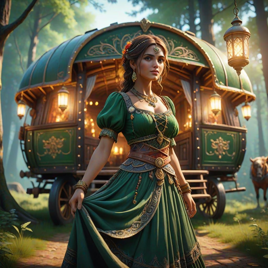 Whimsical Gypsy Maiden in Enchanted Forest