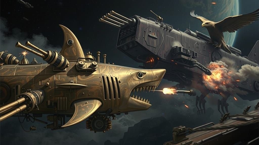 Steampunk Shark Spaceship Battles Hawk Ship in Deep Space