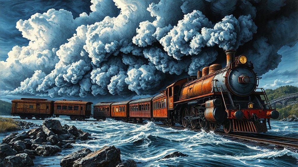 Victorian Train in Storm Black Ink Drawing Fantasy Cover