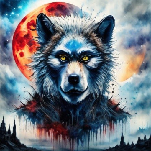 Ethereal Werewolf Under Crumbling Castle at Blood Moon