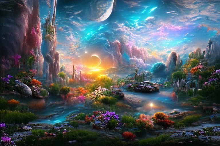 Iridescent Sci-Fi Zen Garden Under Cosmic Sky