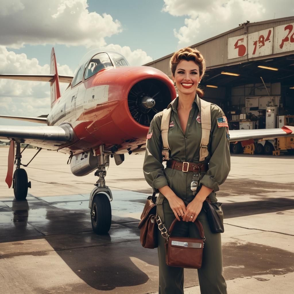 Vintage Pin-Up Girl Smiling Before Aircraft