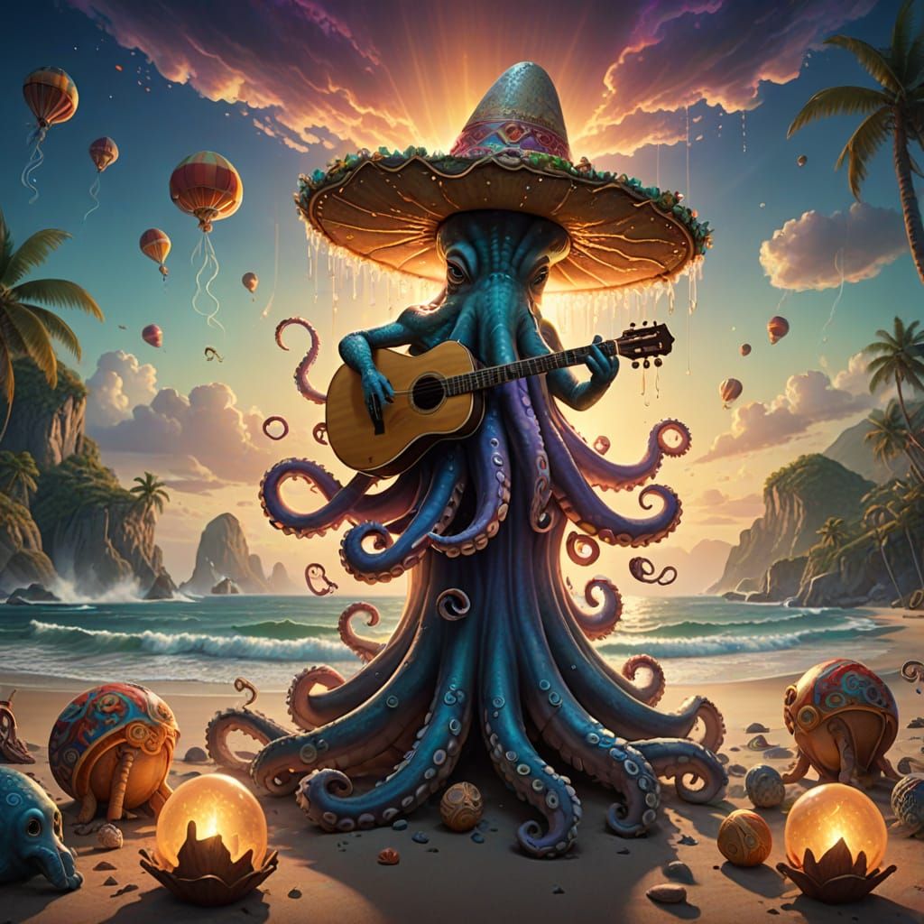 Octopus Mariachi Band on the Seashore in Kinkade Style