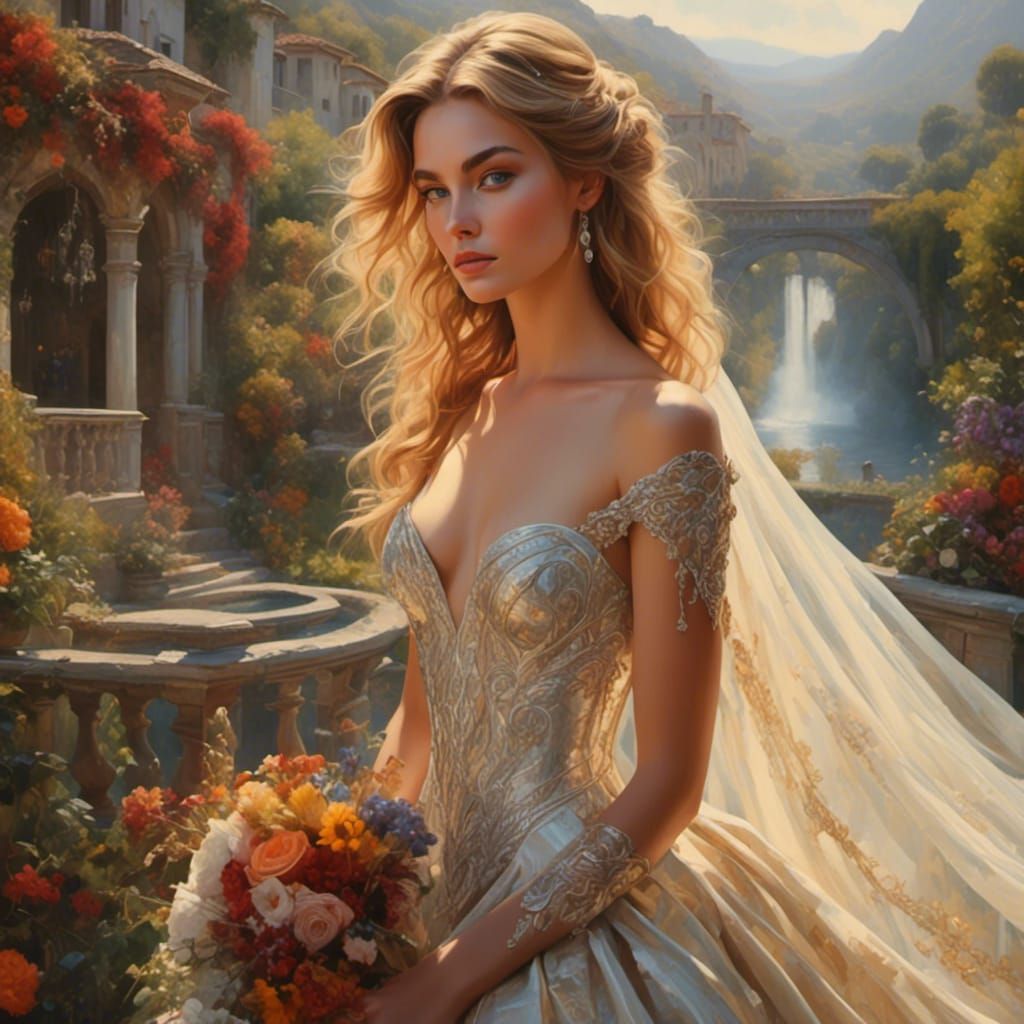 Ethereal Bride in Fantasy Village, Detailed Matte Painting