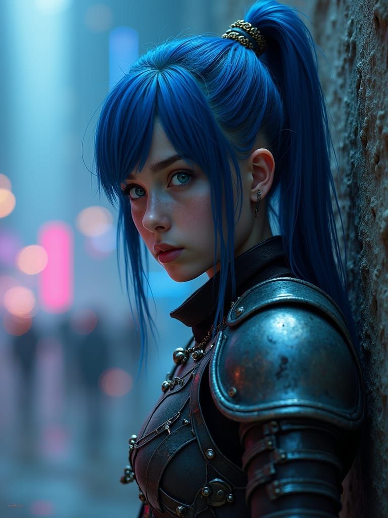 Armored Girl Ready for Battle in Cyberpunk Cityscape