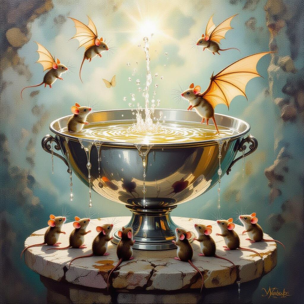 Mice Bathing in Champagne Bowl with Bat Wings