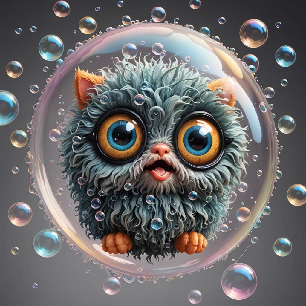 Cute Shaggy Creature Floating in Soap Bubbles