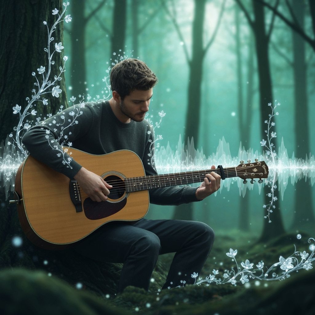 Acoustic Guitarist in Blooming Crystal Forest Fantasy Art