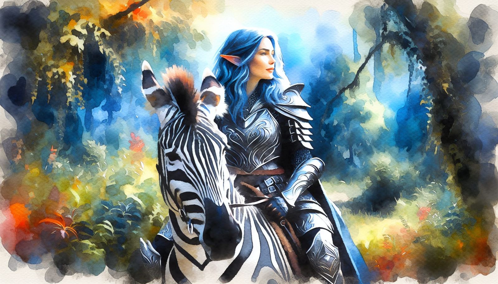 Elven Woman Riding Zebra in Watercolor Forest
