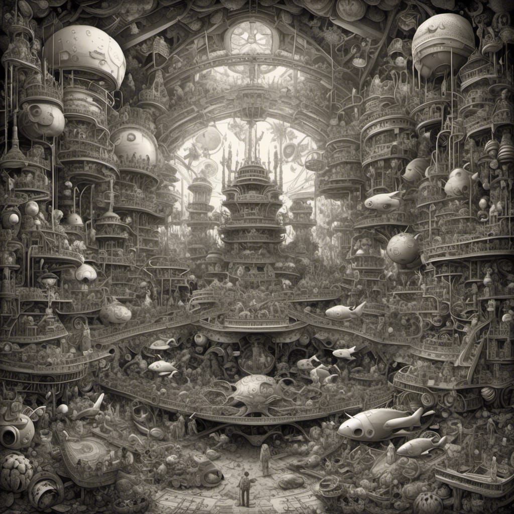 Sea Life and Gundam Mech in Hyperreal Style