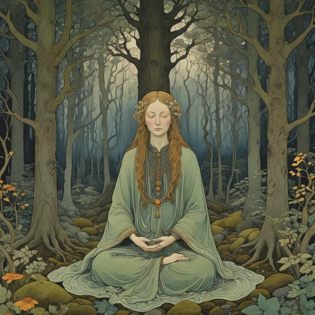 Mystical Meditation in Scandinavian Forest, Art Nouveau Styl...