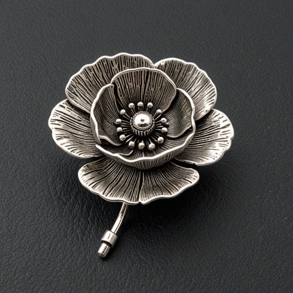 Mewellery pin broach shaped like a poppy but all silver