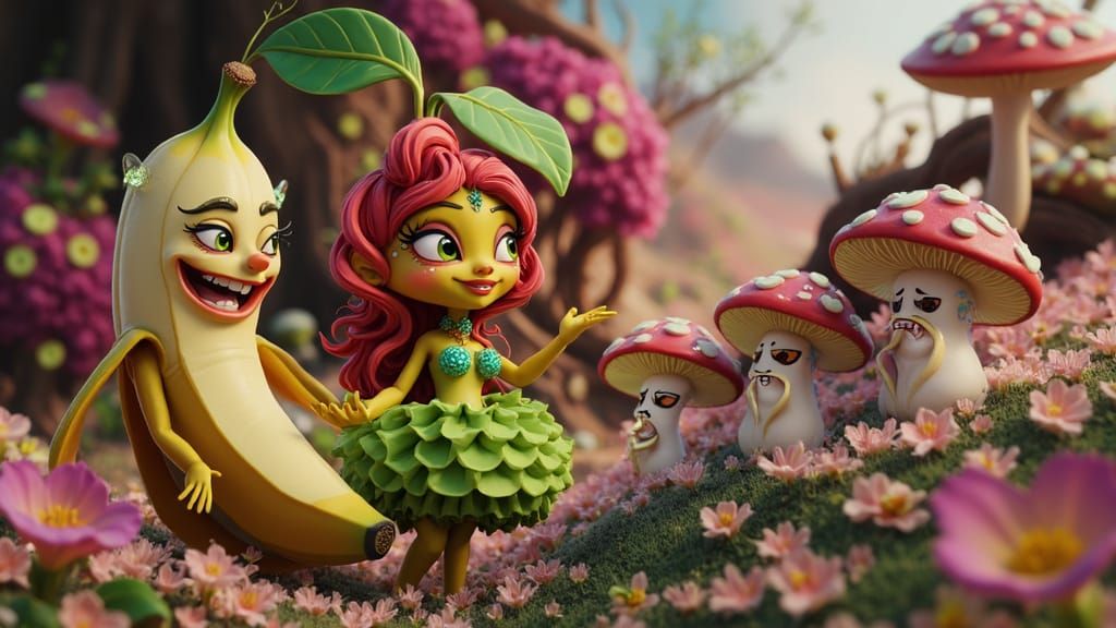 Fantasy Scene with Banana Girl and Guava Goddess in Vibrant ...