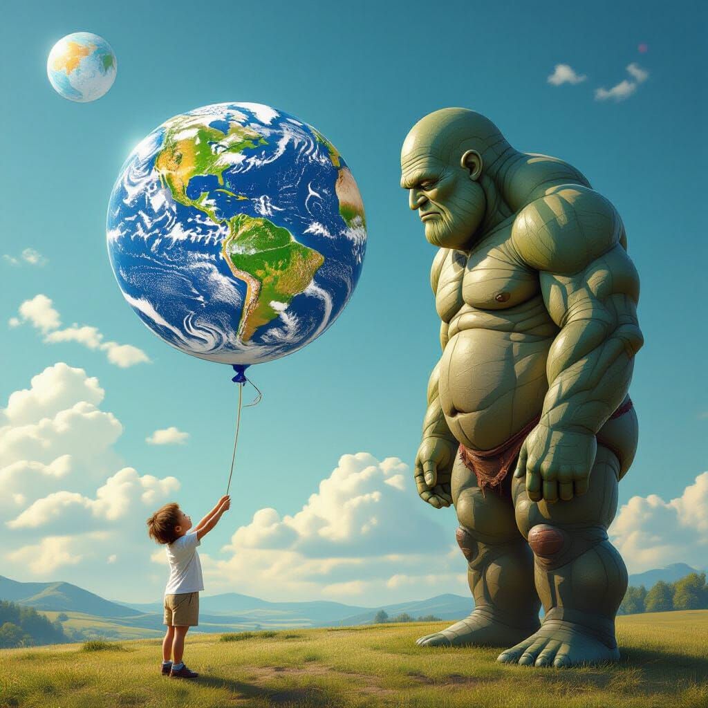 Child Offers Planet Balloon to Lonely Giant