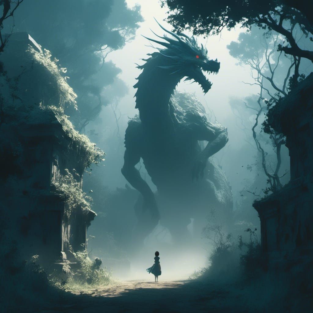 Ethereal Dragon in Fog-Shrouded Ruins