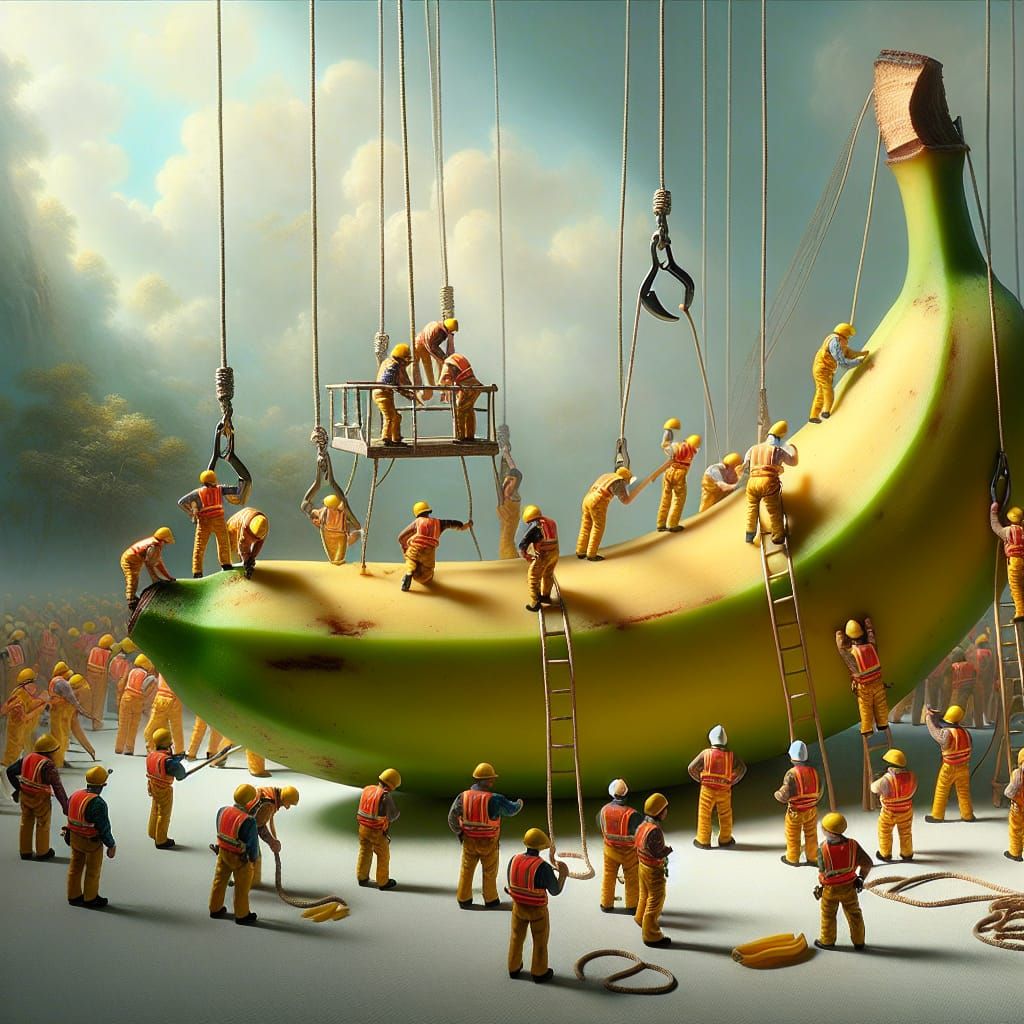 Miniature Crew Peels Giant Banana in Romantic Landscape