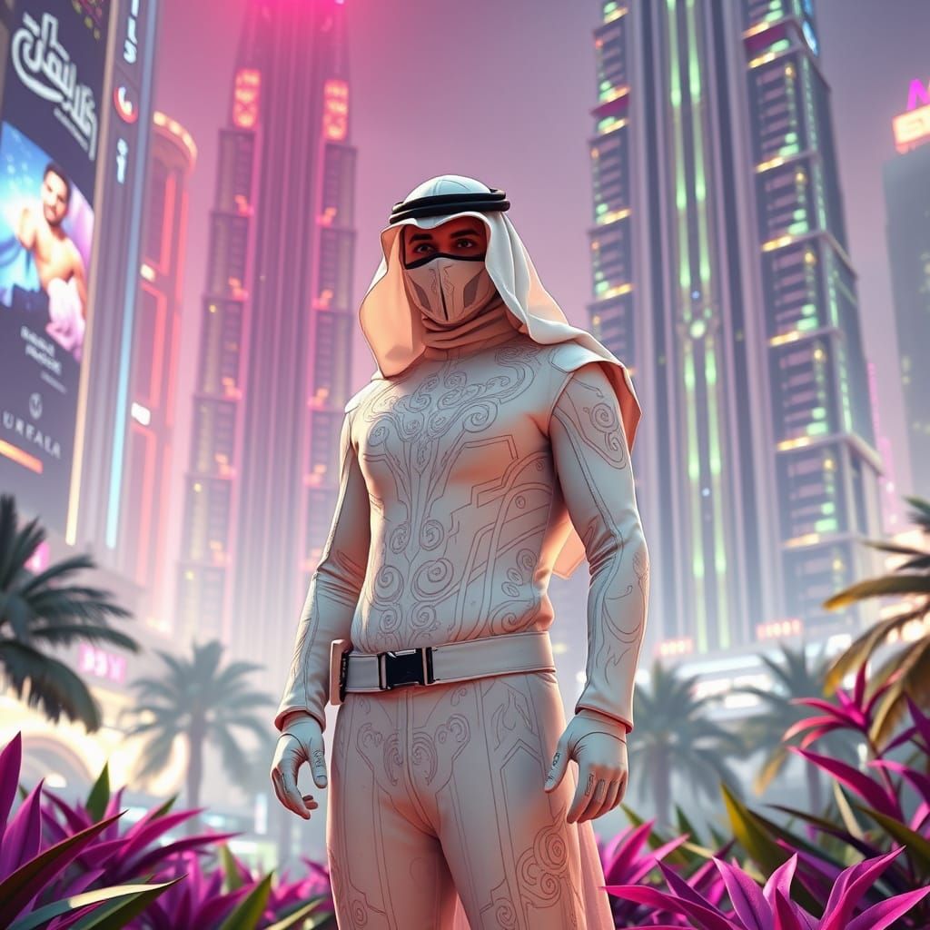 Cyberpunk Fremen Ninja Iman Sheikh Stands Poised in Futurist...