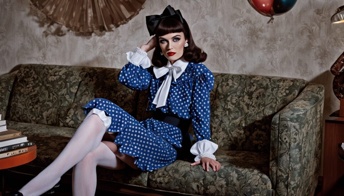 Sultry 1970s Siren in Retro Chic Attire Sits Confidently in....