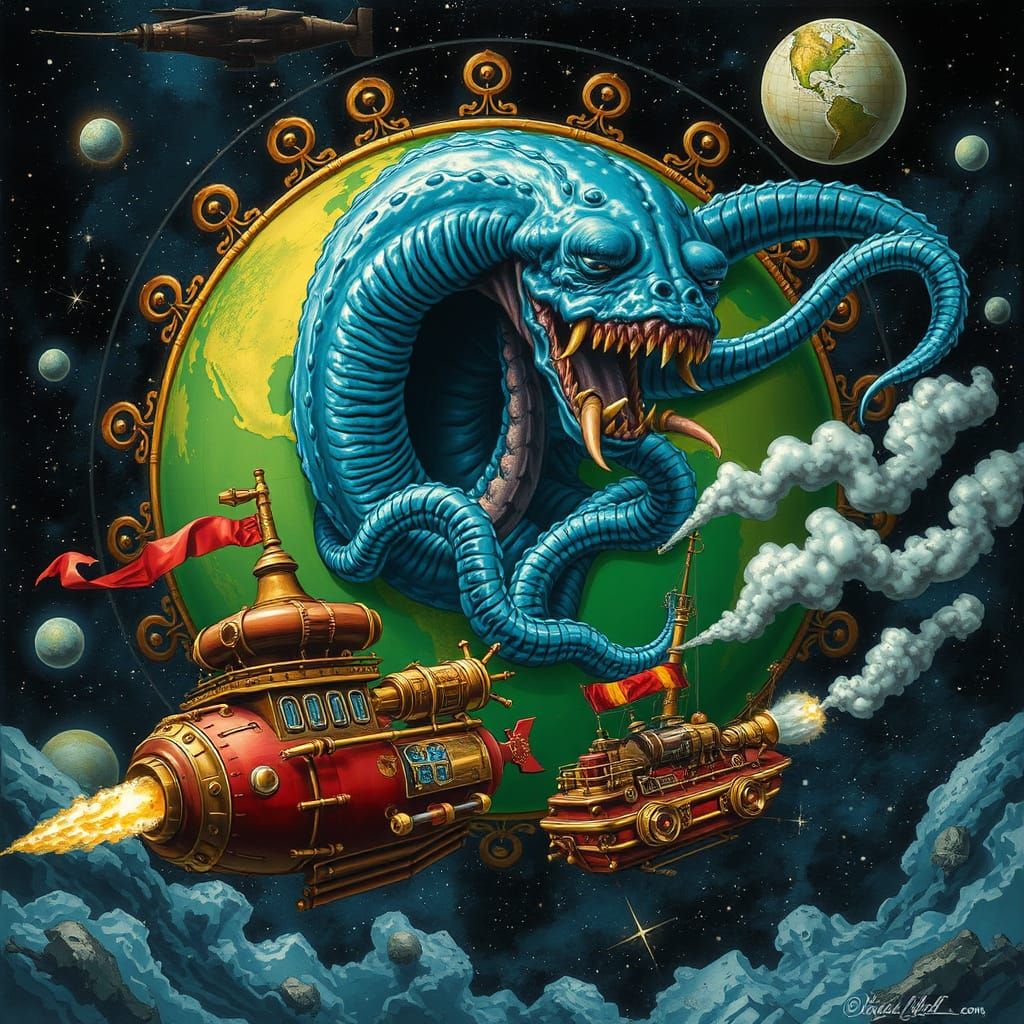 Steampunk Kraken Attacks Pirate Ship in Space