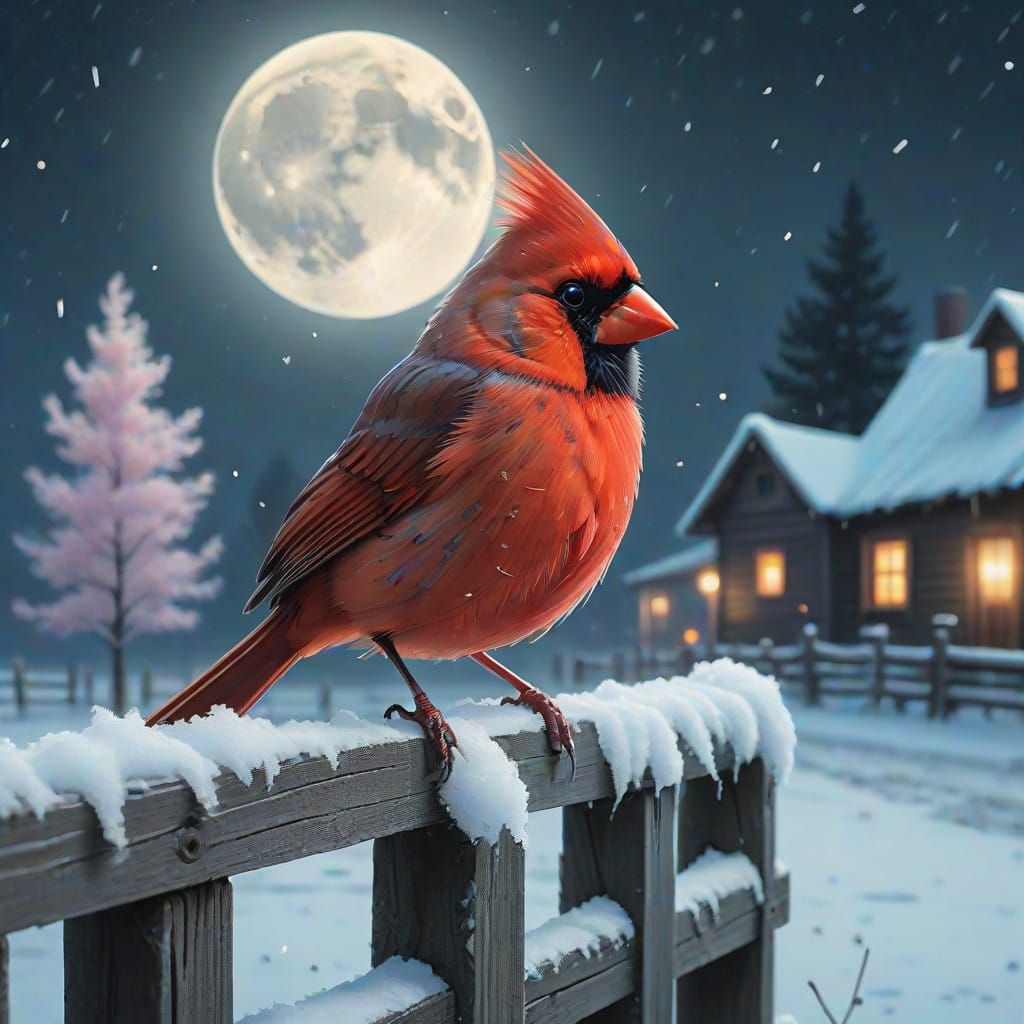 Cotton Candy Cardinal Under Snowy Christmas Eve Moonlight