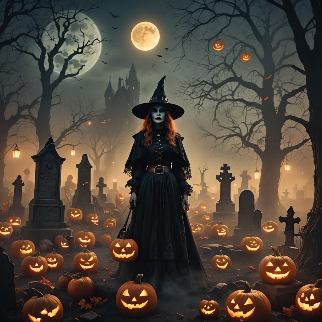 Halloween Witch in Graveyard, Fantasy Concept Art