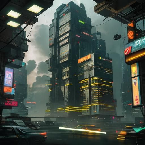 Cyberpunk Cityscape Floating Above Misty Mountains