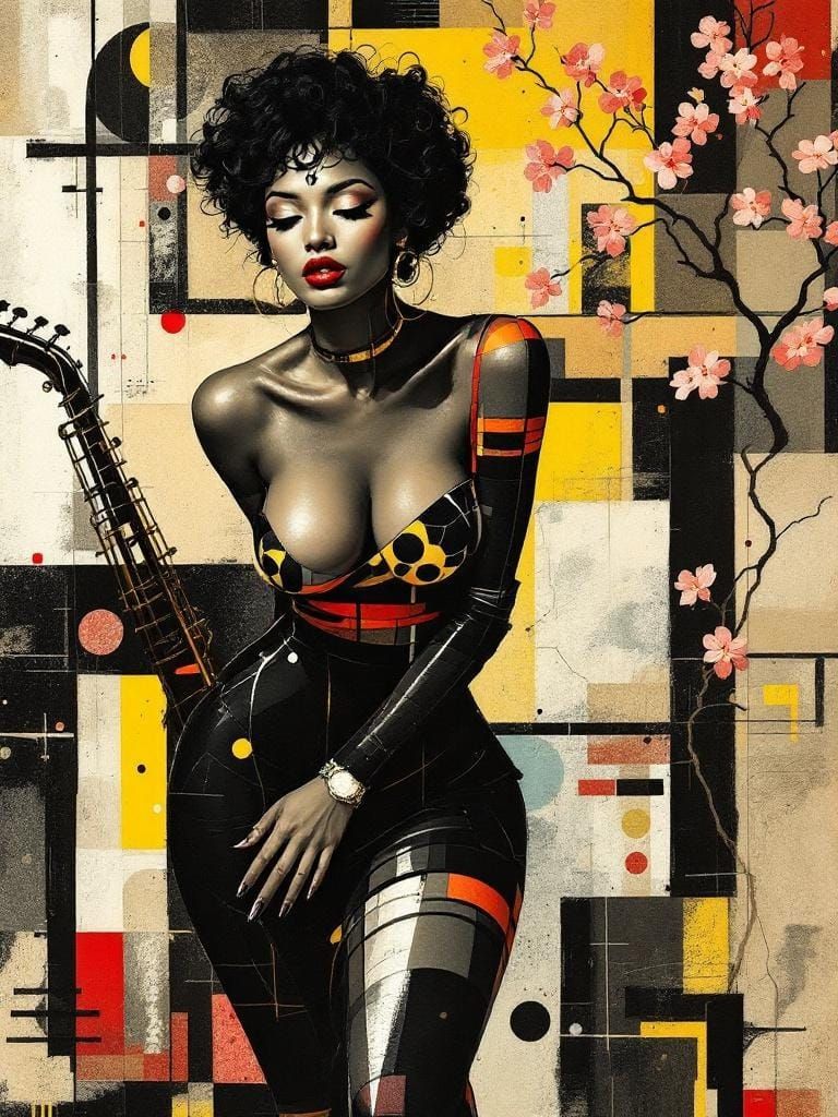 Jazz-Inspired Fusion of Geometric Art and Vintage Pin-Up