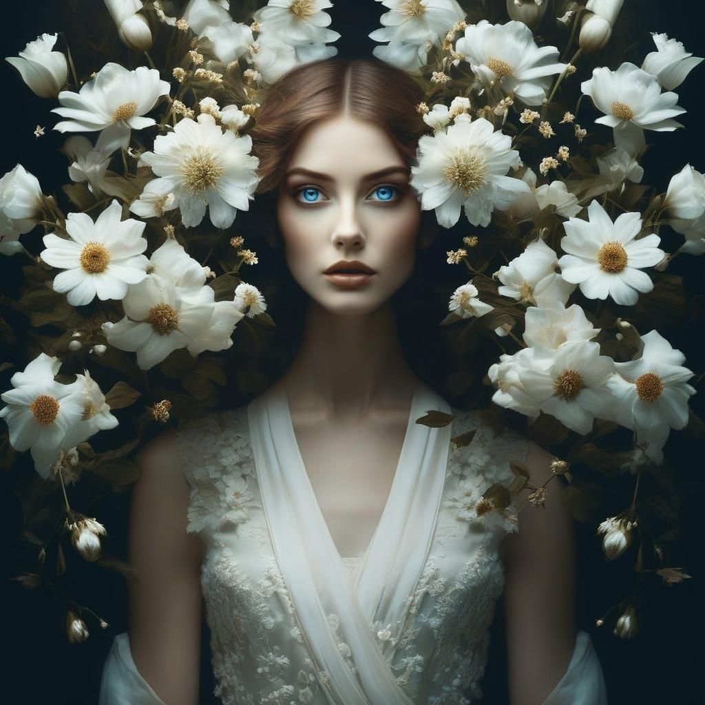 Ethereal Portrait with White Flowers: Double Exposure Art