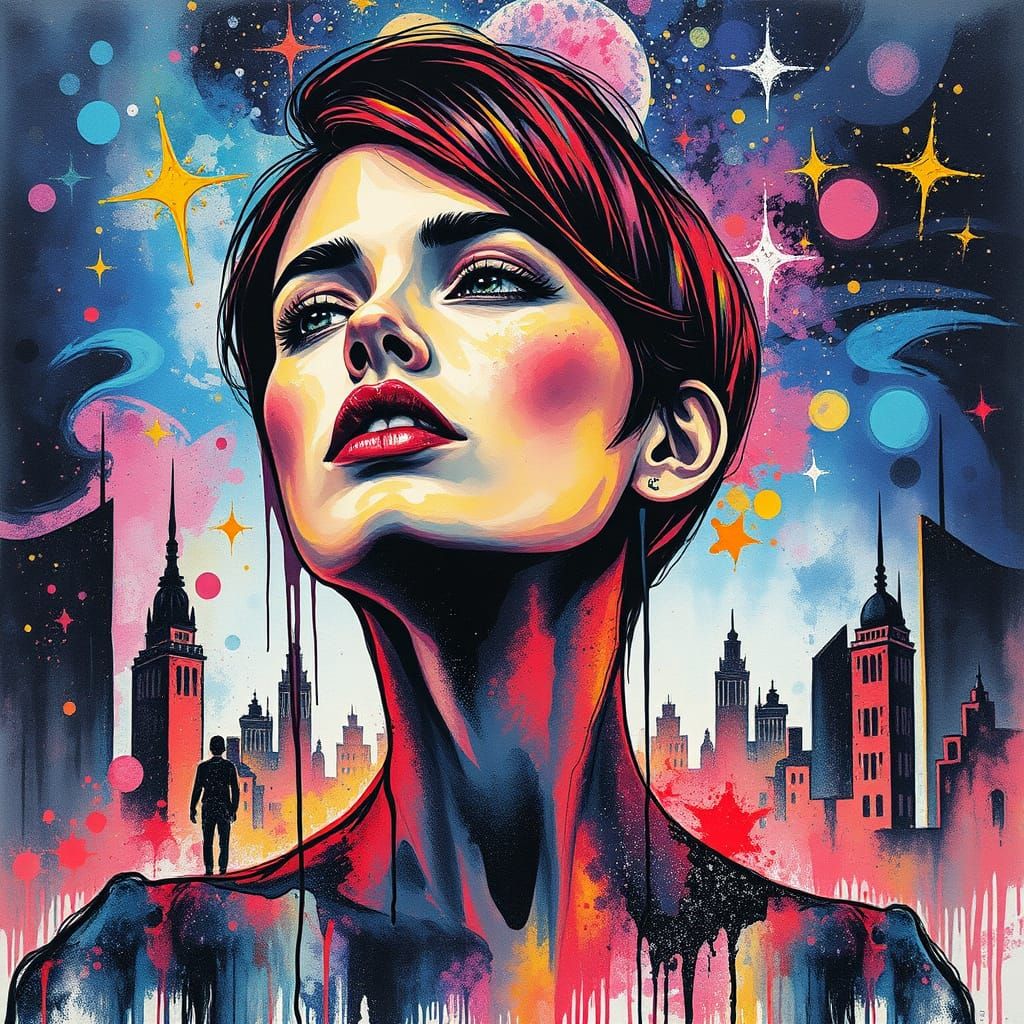 Ink Woman Disappears into Glitchy City Cosmos