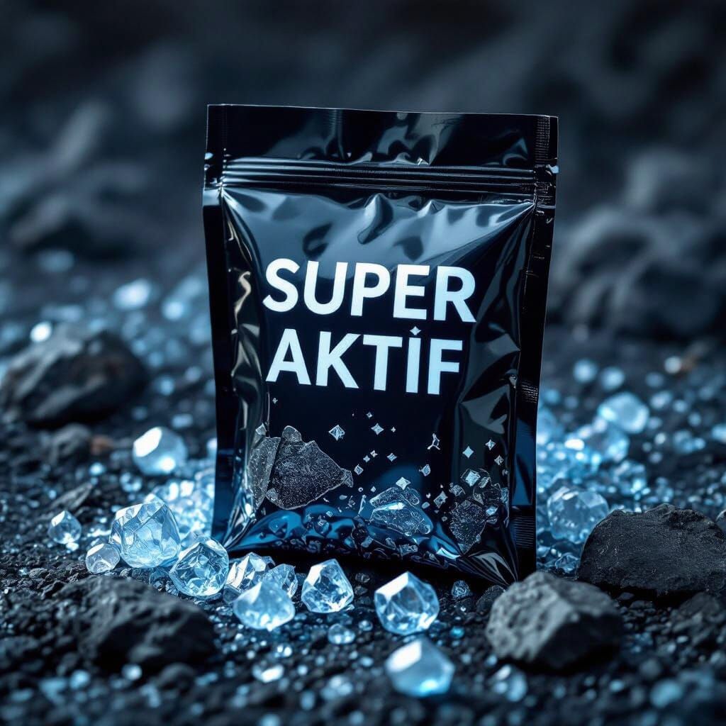 Black Ziplock Bags with 'SUPER AKTIF' on Rocks Amidst Blue C...