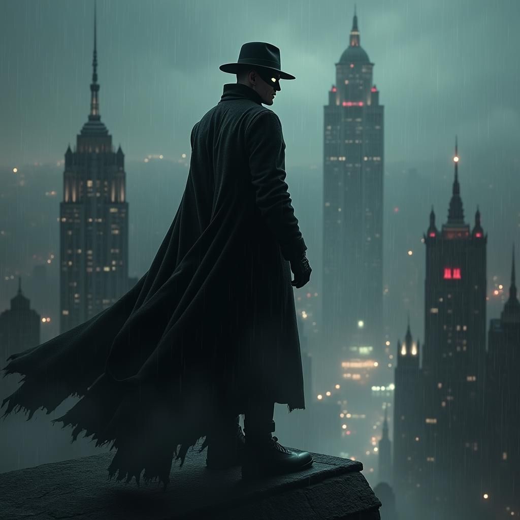 Noir Superhero in Gothic Metropolis, Pulp Hero Style