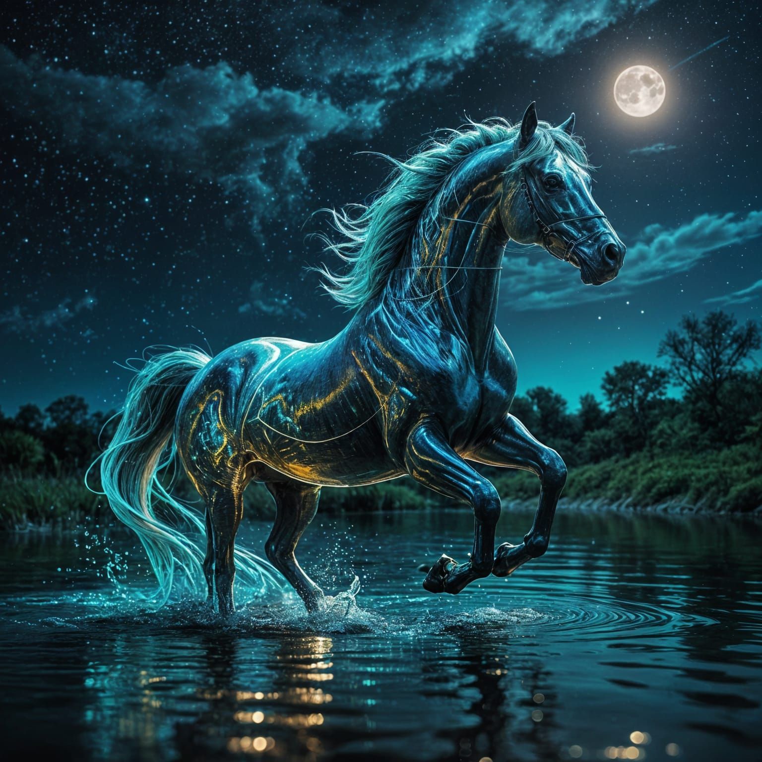 Glass Horse Rides Under Full Moon in Vibrant Night Sky