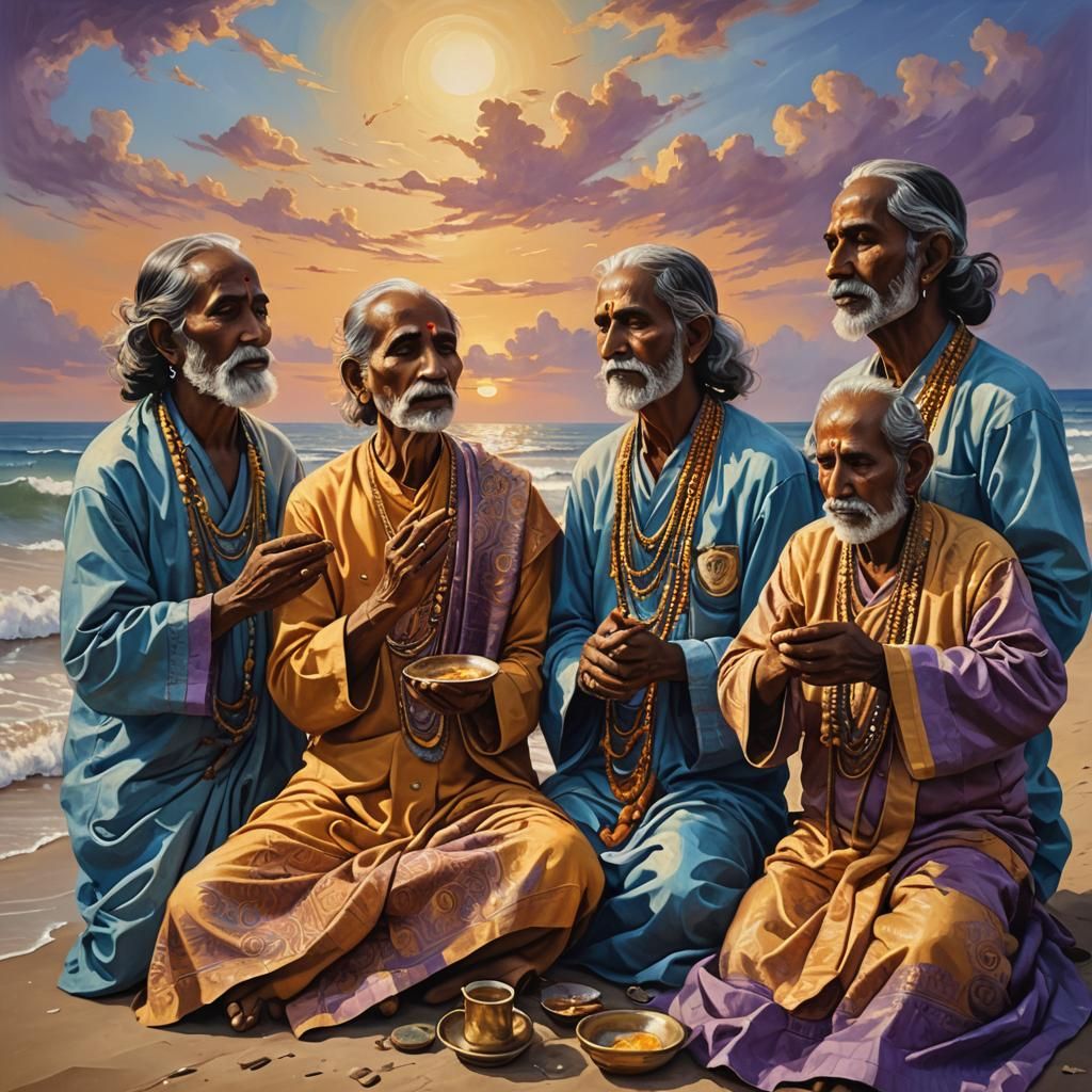 Brahmins Singing Hymns: Surreal Oil Painting at Dawn