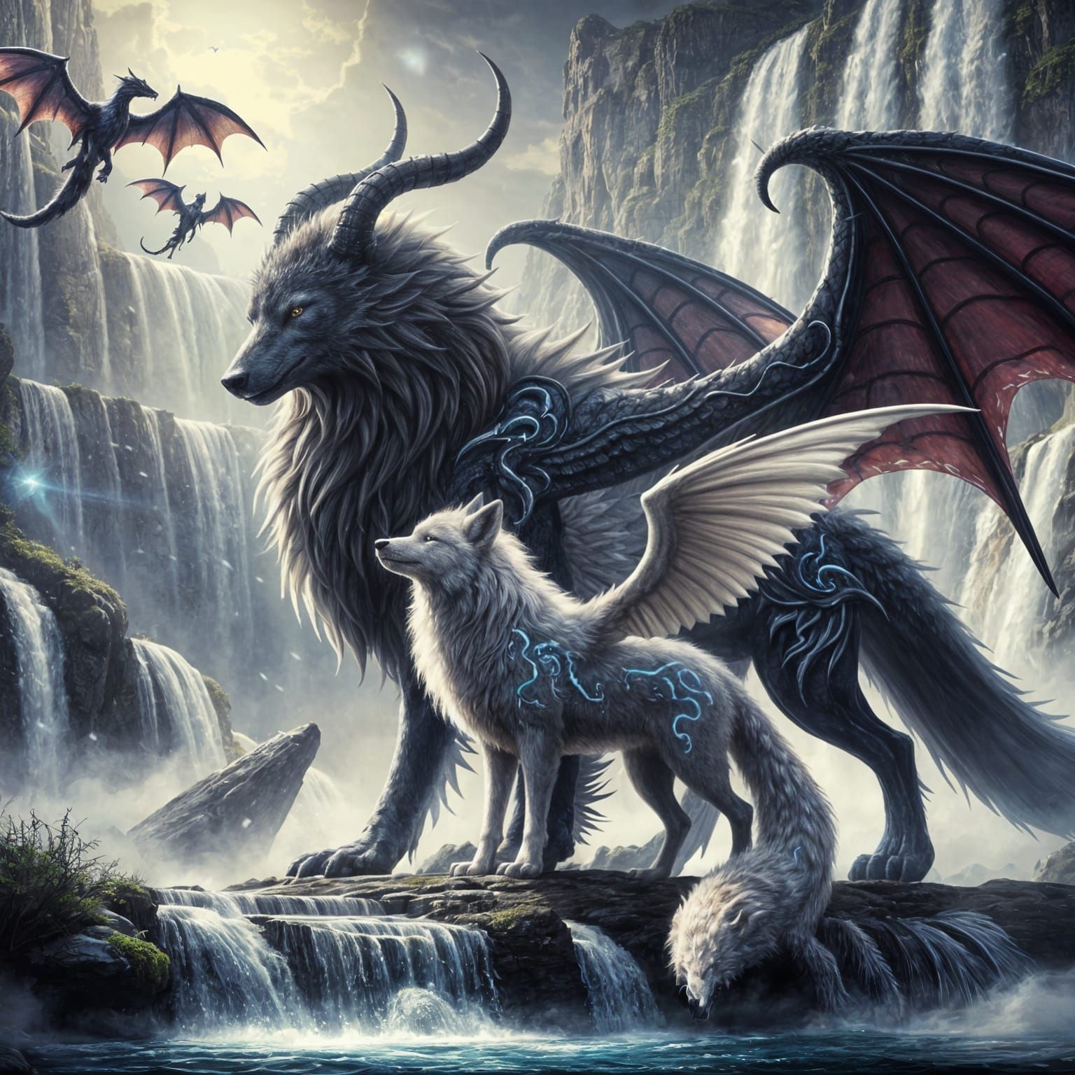 Ethereal Dragon Wolves and Fox in Majestic Waterfall Scene
