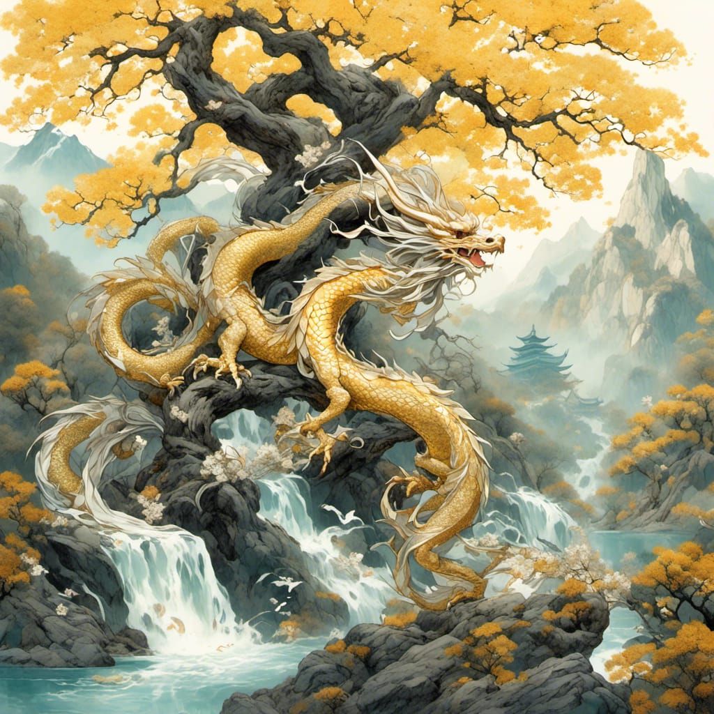 Iridescent Oriental Dragon Watercolor with Blossoms