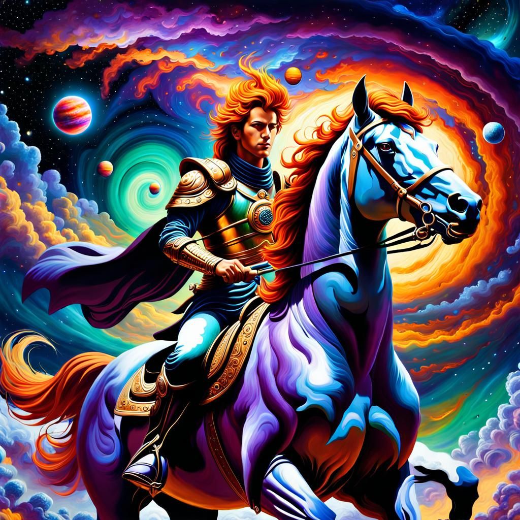 A fiery warrior takes a ride on horseback through the galaxie