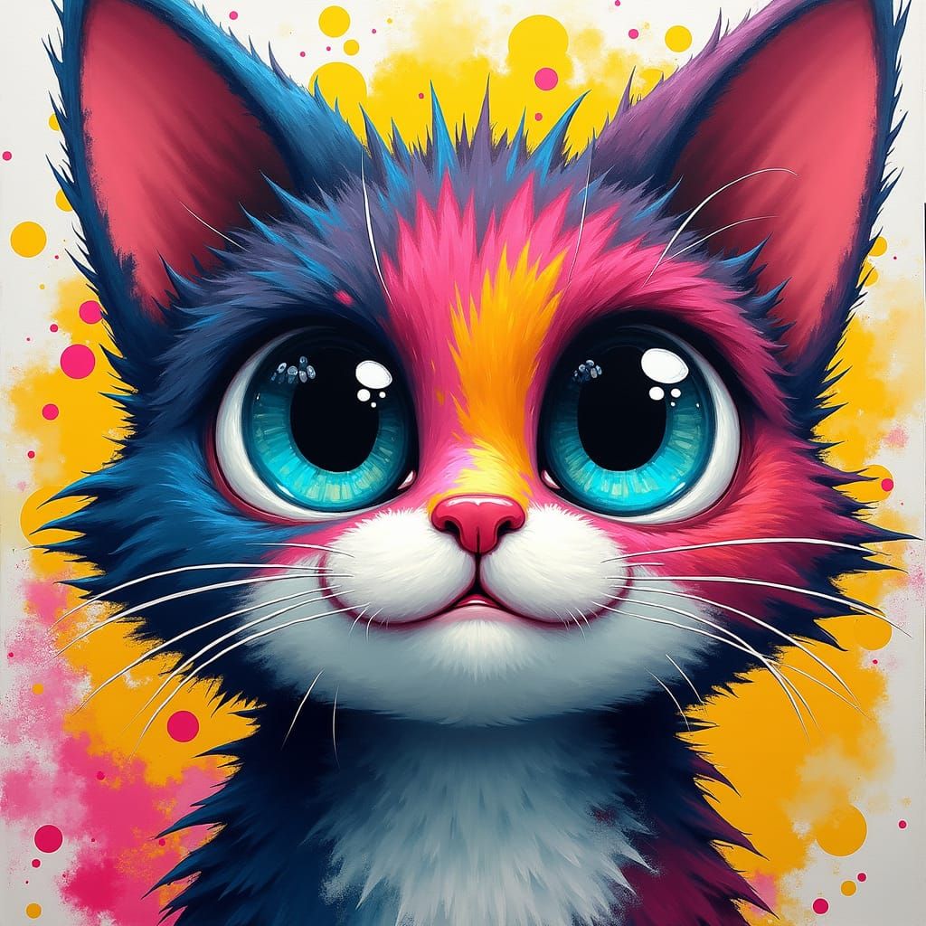 Colorful Whimsical Cat with Swirling Fur, Urban Graffiti Sty...