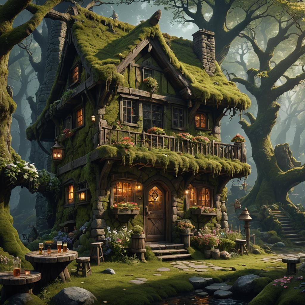 Elves in Forest Tavern: Detailed Matte Painting